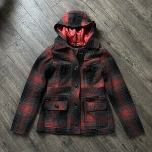 Vintage Y2K 00s BKE Red Plaid Hooded Wool Peacoat Blazer Button Jacket